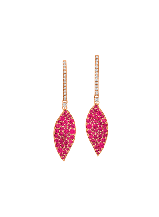 aretes hoja de rubies con diamantes en oro rosa de peyrelongue