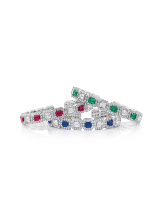 pulseras en oro blanco de zafiros rubies y esmeraldas de peyrelongue