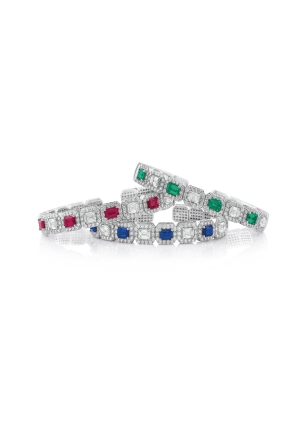 pulseras en oro blanco de zafiros rubies y esmeraldas de peyrelongue