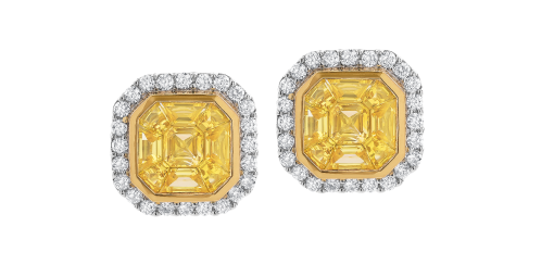 Aretes peyrelongue con zafiros amarillos y diamantes en oro blanco 18k