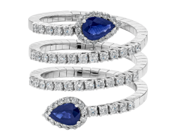 Anillo peyrelongue en espiral con diamantes y dos zafiros gota en los extremos