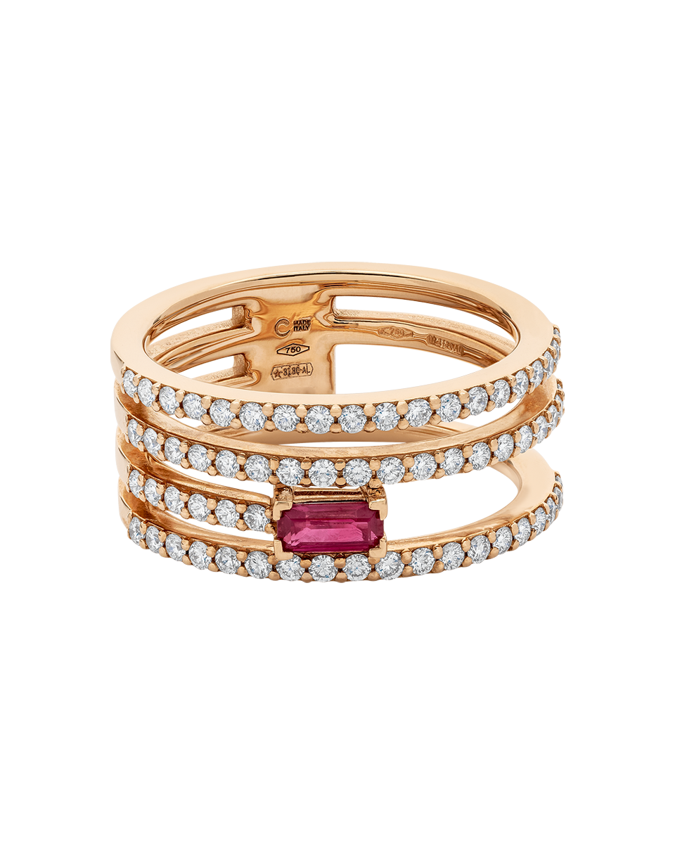 anillo peyrelongue en oro rosa con diamantes y un rubí