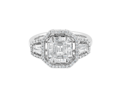 anillo de compromiso con diamantes corte redondo, baguette y cushion peyrelongue
