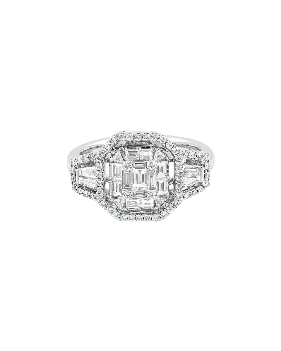 anillo de compromiso con diamantes corte redondo, baguette y cushion peyrelongue