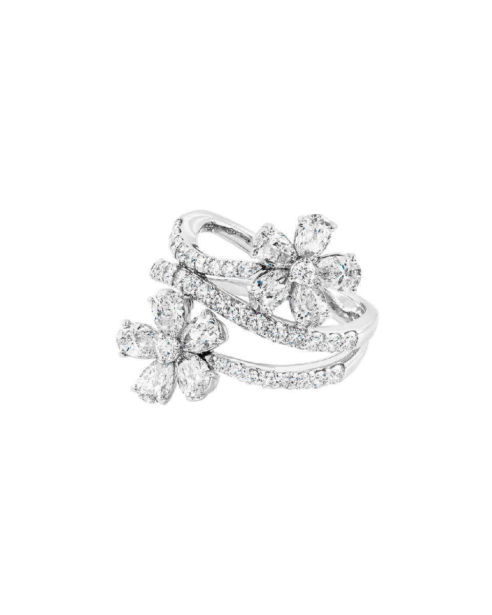 anillo en oro blanco con flores de diamantes peyrelongue