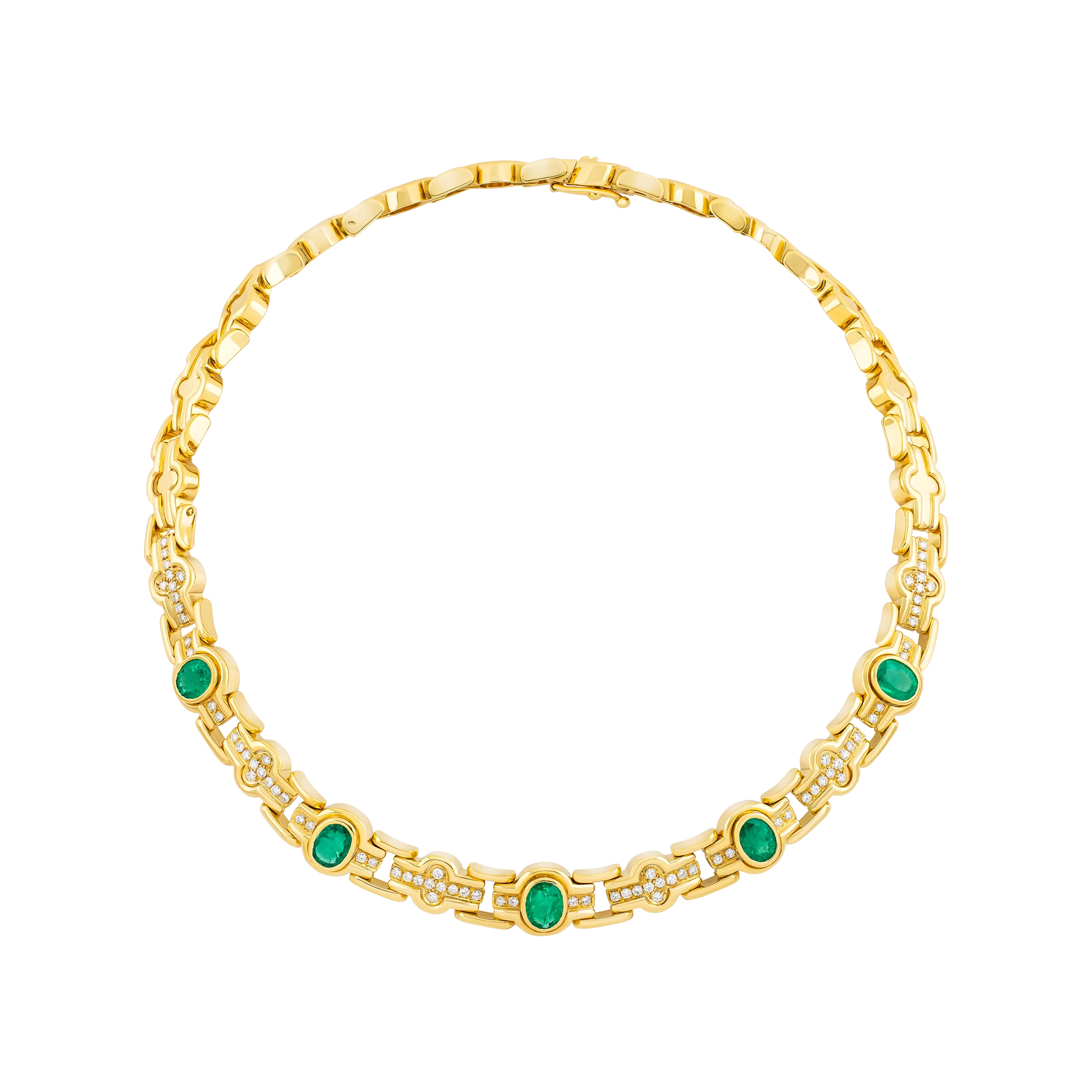 Collar de oro amarillo con esmeraldas ovaladas y diamantes.