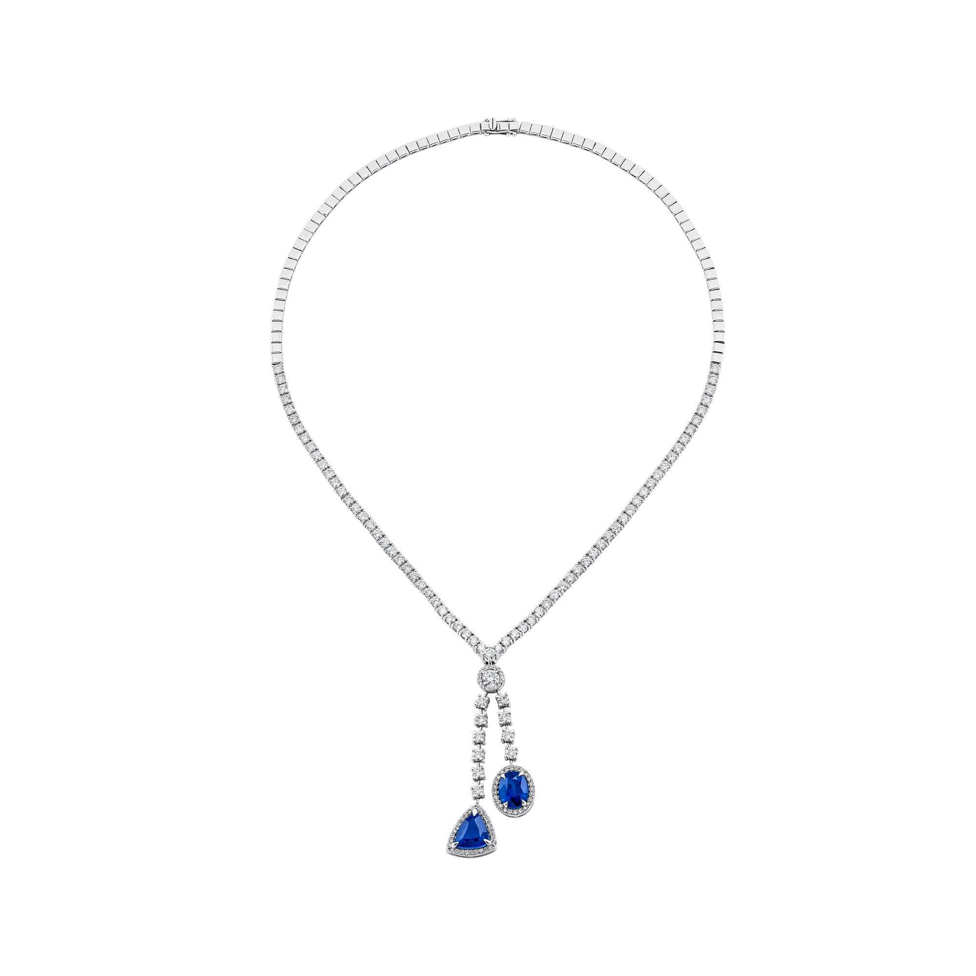 Collar de diamantes en oro blanco con zafiros azules desmontables.