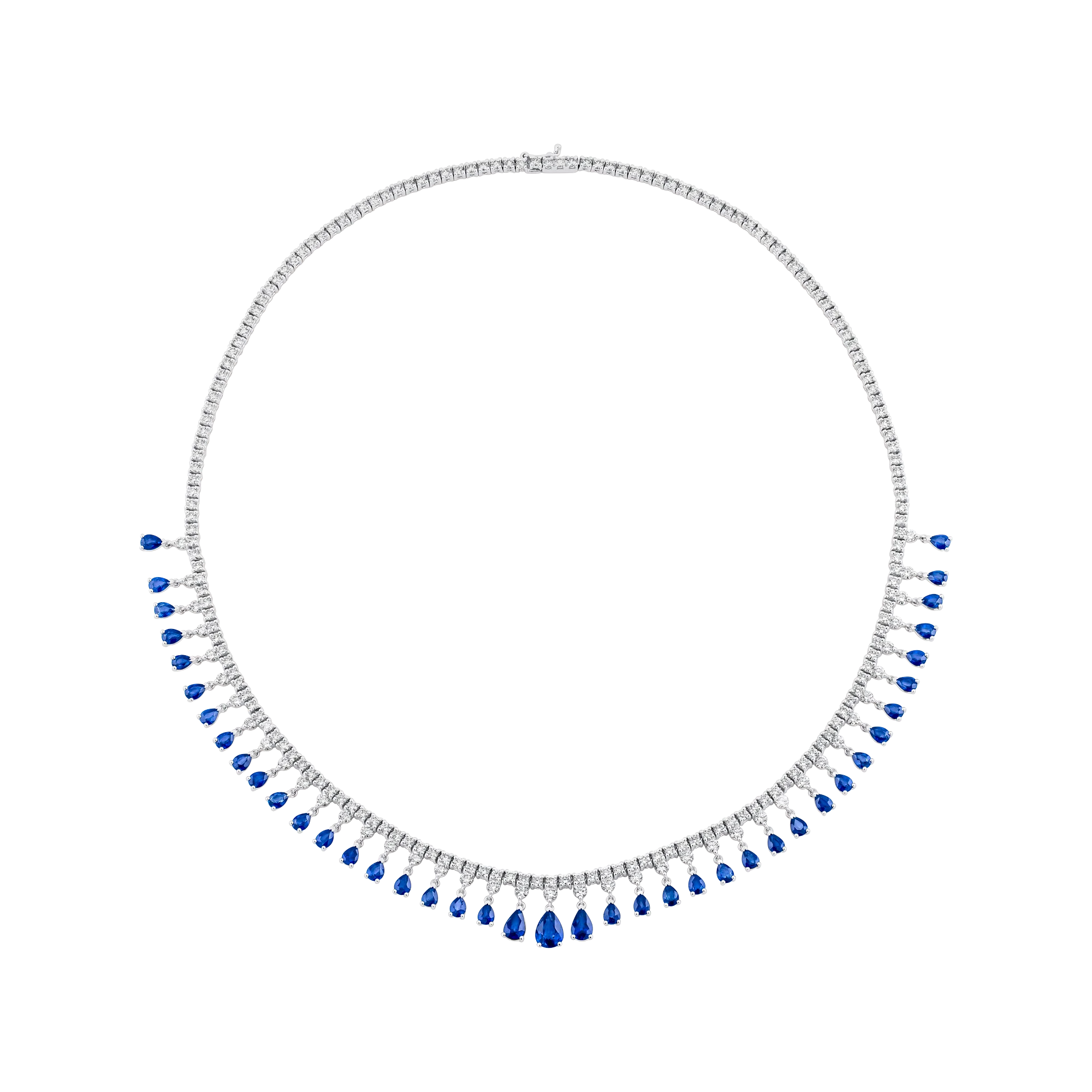 Collar con diamantes y zafiros gota en oro blanco.