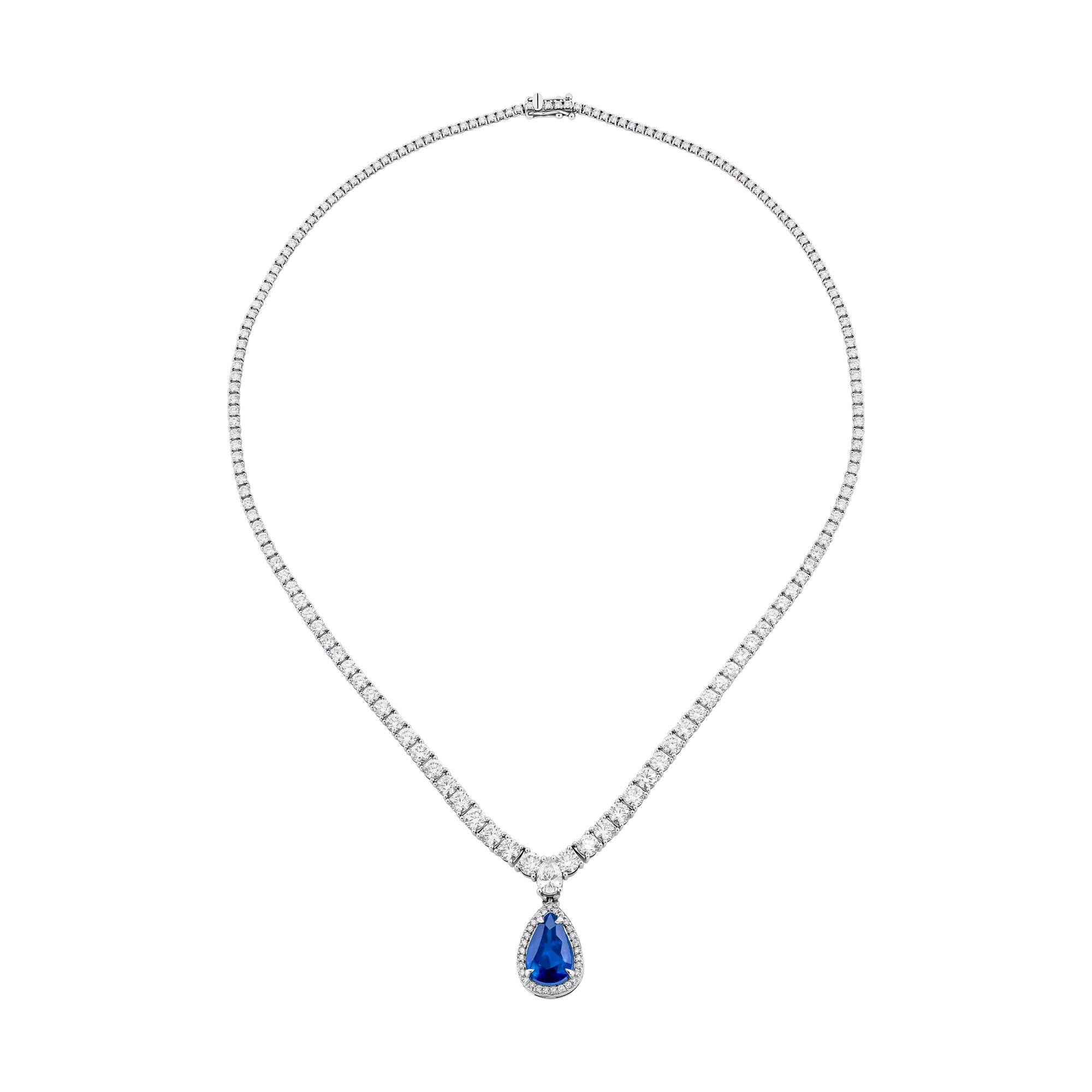 Collar riviera de diamantes en oro blanco con zafiro azul desmontable en forma de gota.