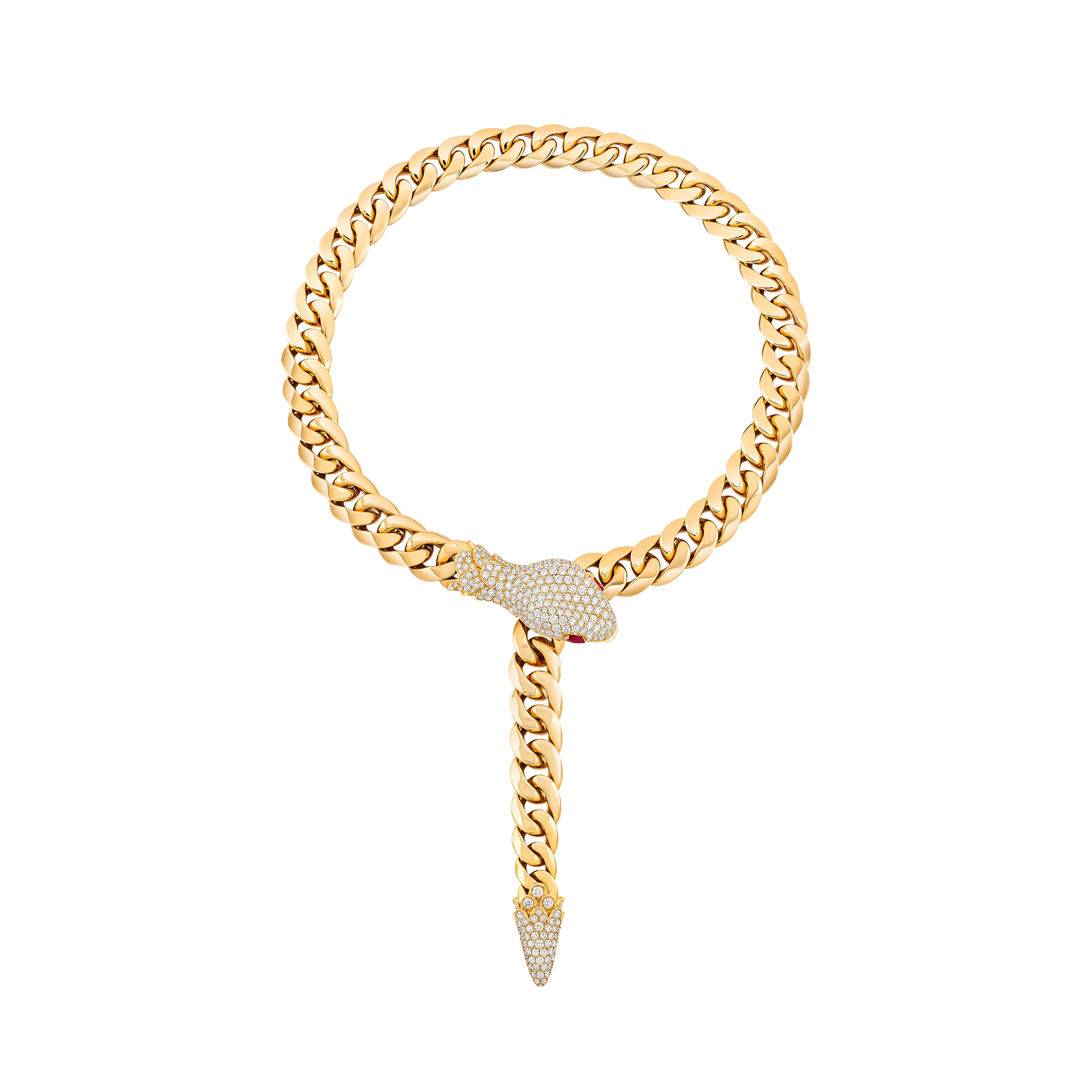 Collar de serpiente en oro amarillo con diamantes y detalles de rubíes en los ojos.