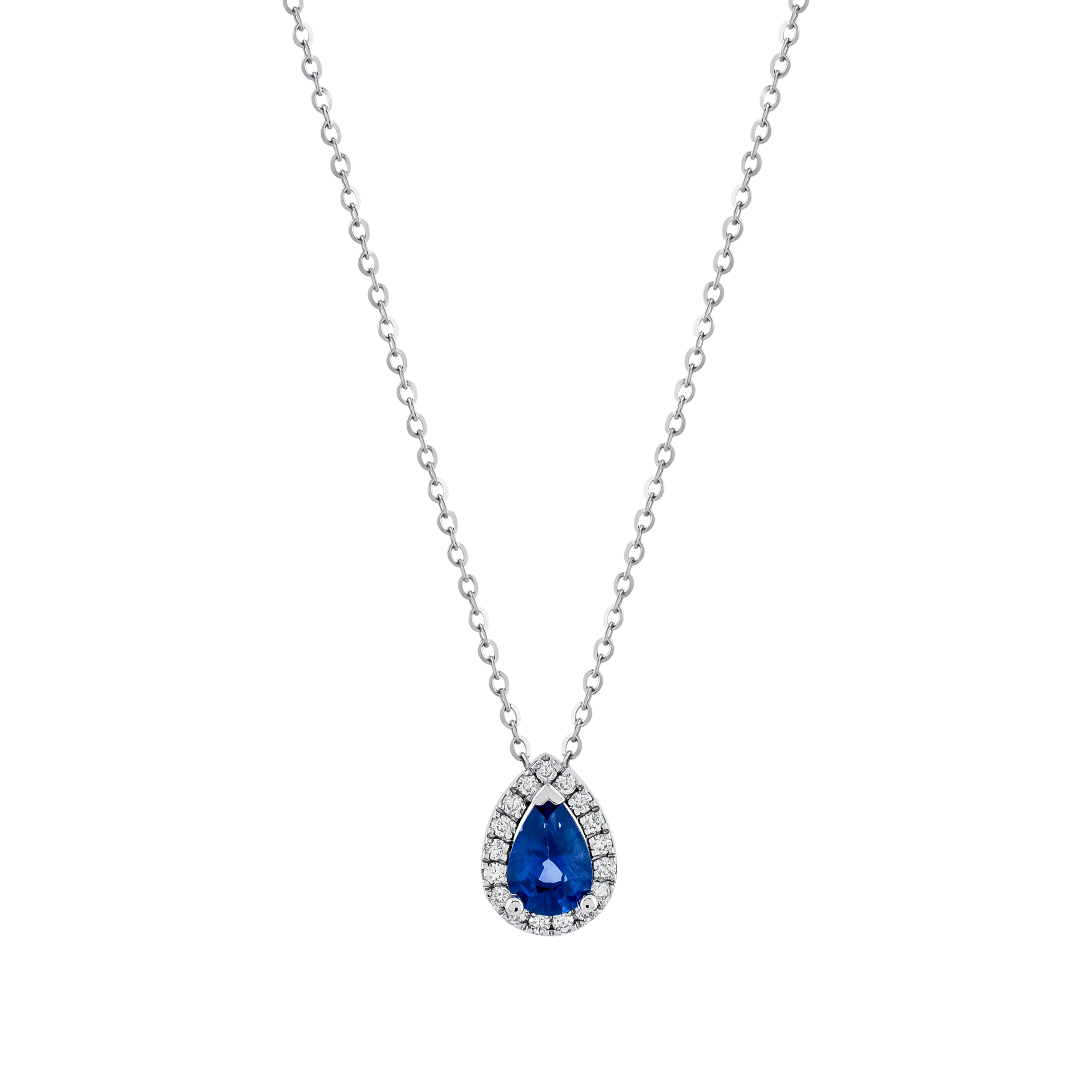 Collar en oro blanco con zafiro azul en forma de pera y halo de diamantes.