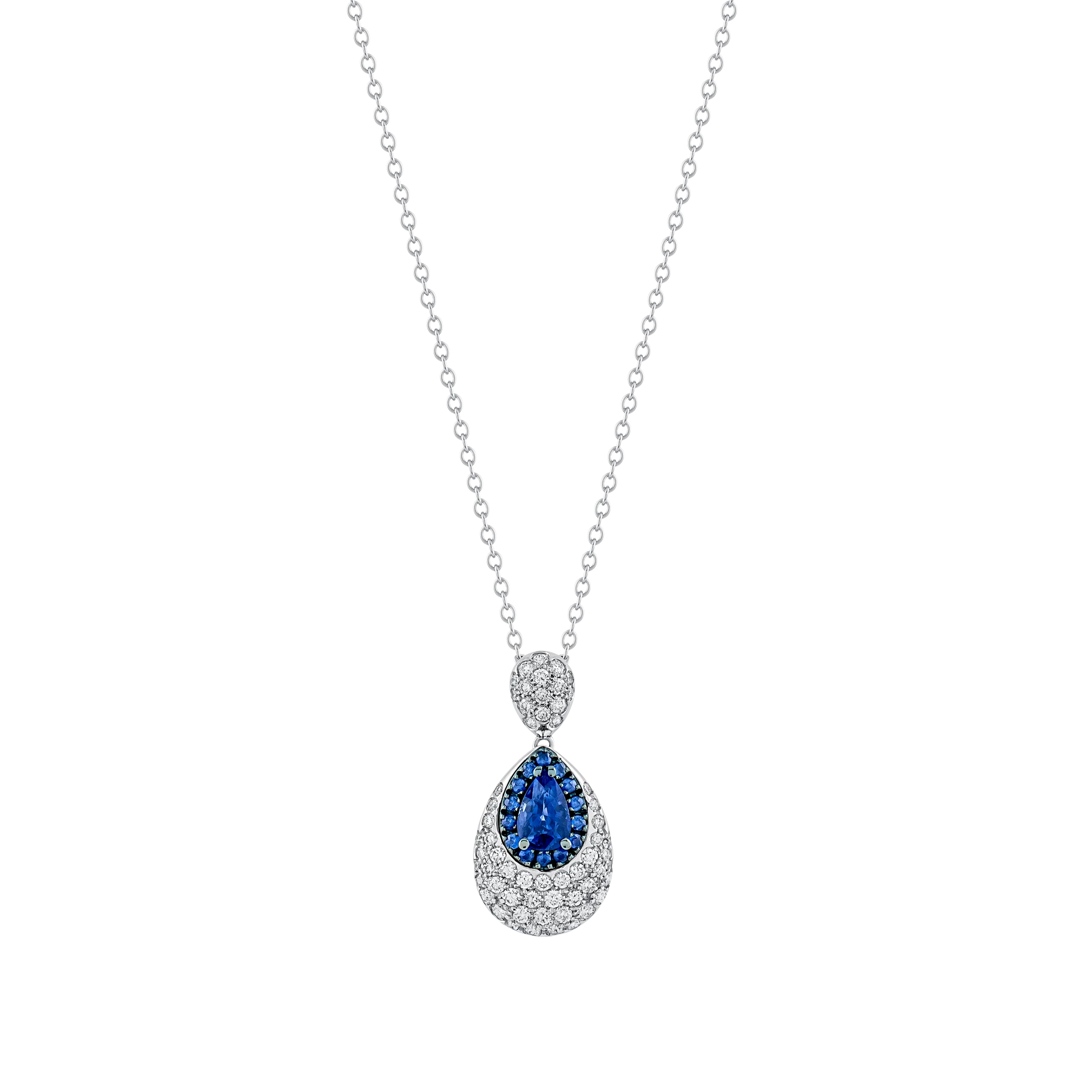 Collar en oro blanco con dije de gota, zafiro azul central de corte pera y diamantes.