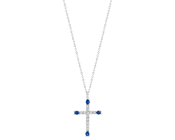 Collar de cruz en oro blanco con diamantes y zafiros azules.
