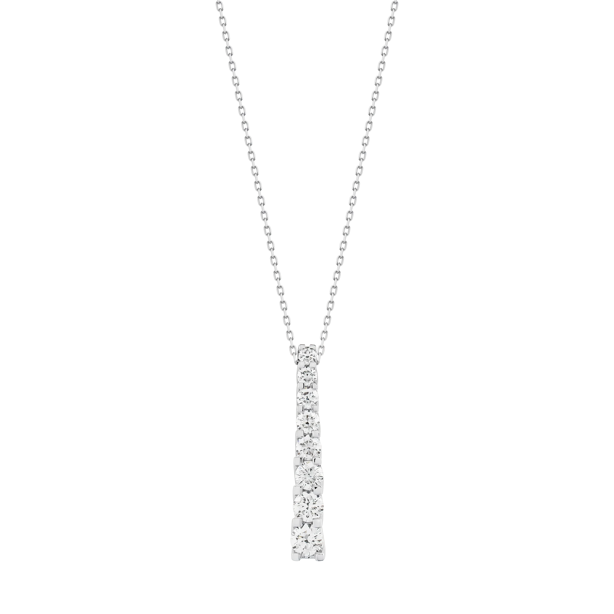 Collar de oro blanco con dije vertical tipo barra de diamantes redondos.