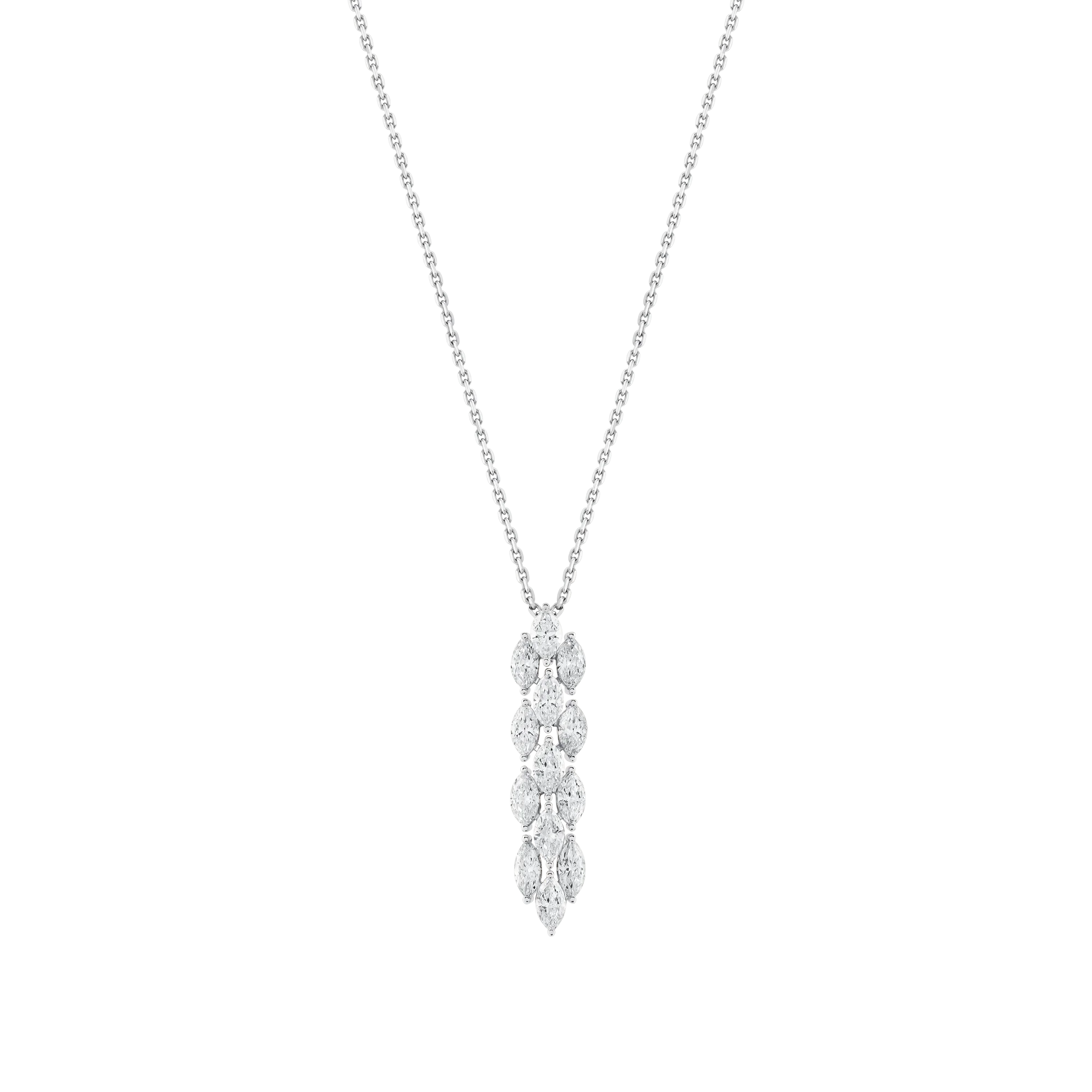 Collar de oro blanco con dije vertical de diamantes corte marquise.